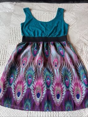 Xhilaration Teal Bodice Peacock-Print Mini Dress